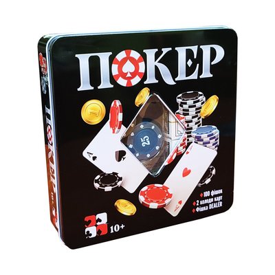 Набор для покера Покер 100 фишек, карты в металлическом боксе 3896A фото 1