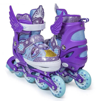 Детские раздвижные ролики 30-33 с комплектом защиты и шлемом Frozen подсветка колеса фиолетовые фото 1