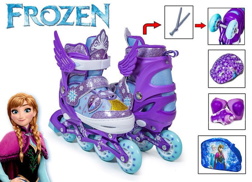 Дитячі розсувні ролики 30-33 з комплектом захисту та шоломом Frozen підсвічування колеса фіолетові фото 2