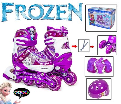 Детские раздвижные ролики 35-38 с комплектом защиты и шлемом Frozen подсветка всех колес фиолетовые фото 1
