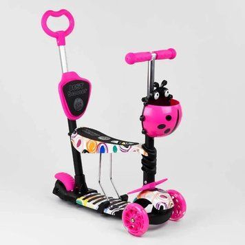 Детский самокат - трансформер 5 в 1 с подсветкой колес Best Scooter Божья коровка розовый с принтом 75009 фото 1