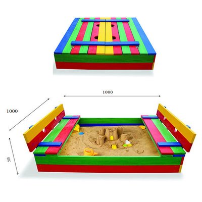Дитяча пісочниця трансформер кольорова з кришкою та лавками 100х100х24 фото 1
