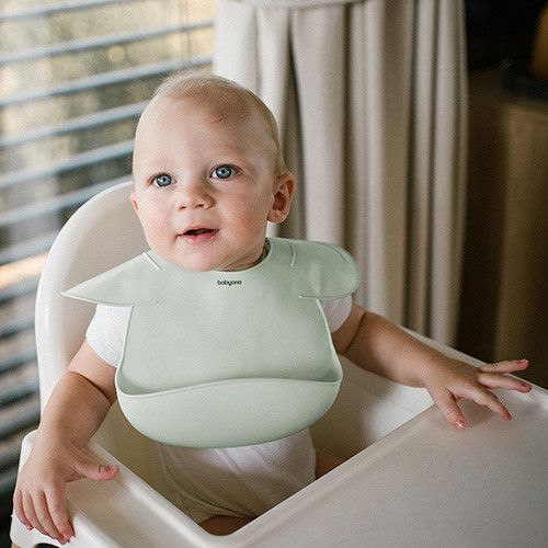 Детский нагрудник силиконовый для кормления 6м+ Babyono с застёжкой 30x28 см зелёный фото 3