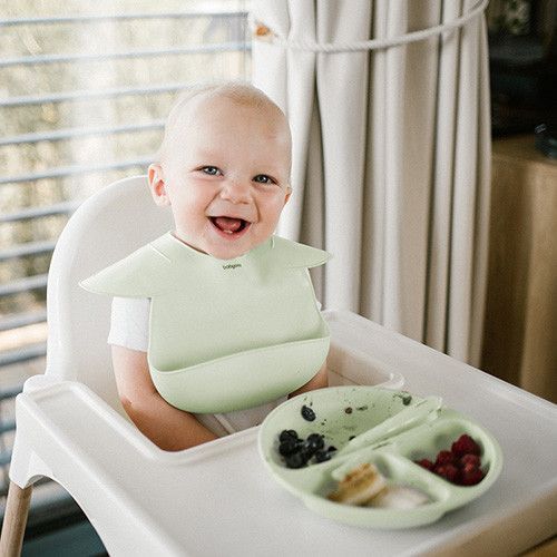 Детский нагрудник силиконовый для кормления 6м+ Babyono с застёжкой 30x28 см зелёный фото 2