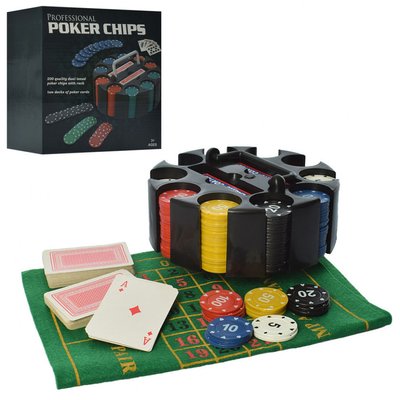 Набір для гри в казино Poker Chips 200 фішок з флотом, карти, сукно для рулетки фото 1