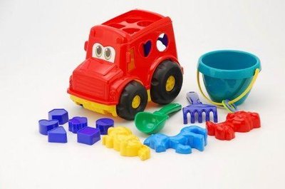 Розвиваючий дитячий сортер-автобус Colorplast Бусик №3 червоний з великим пісковим набором 0268 фото 1