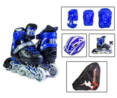 Детские раздвижные ролики 29-33 с комплектом защиты и шлемом Scale Sports Blue подсветка переднего колеса фото 1